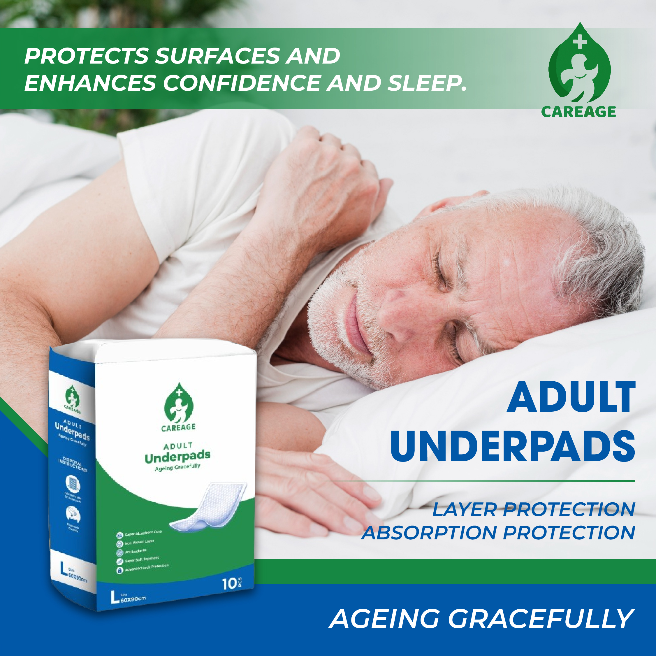 CareAge Premium Disposable Underpads | Large 60 × 90 cm | 10 Pieces - Image 3