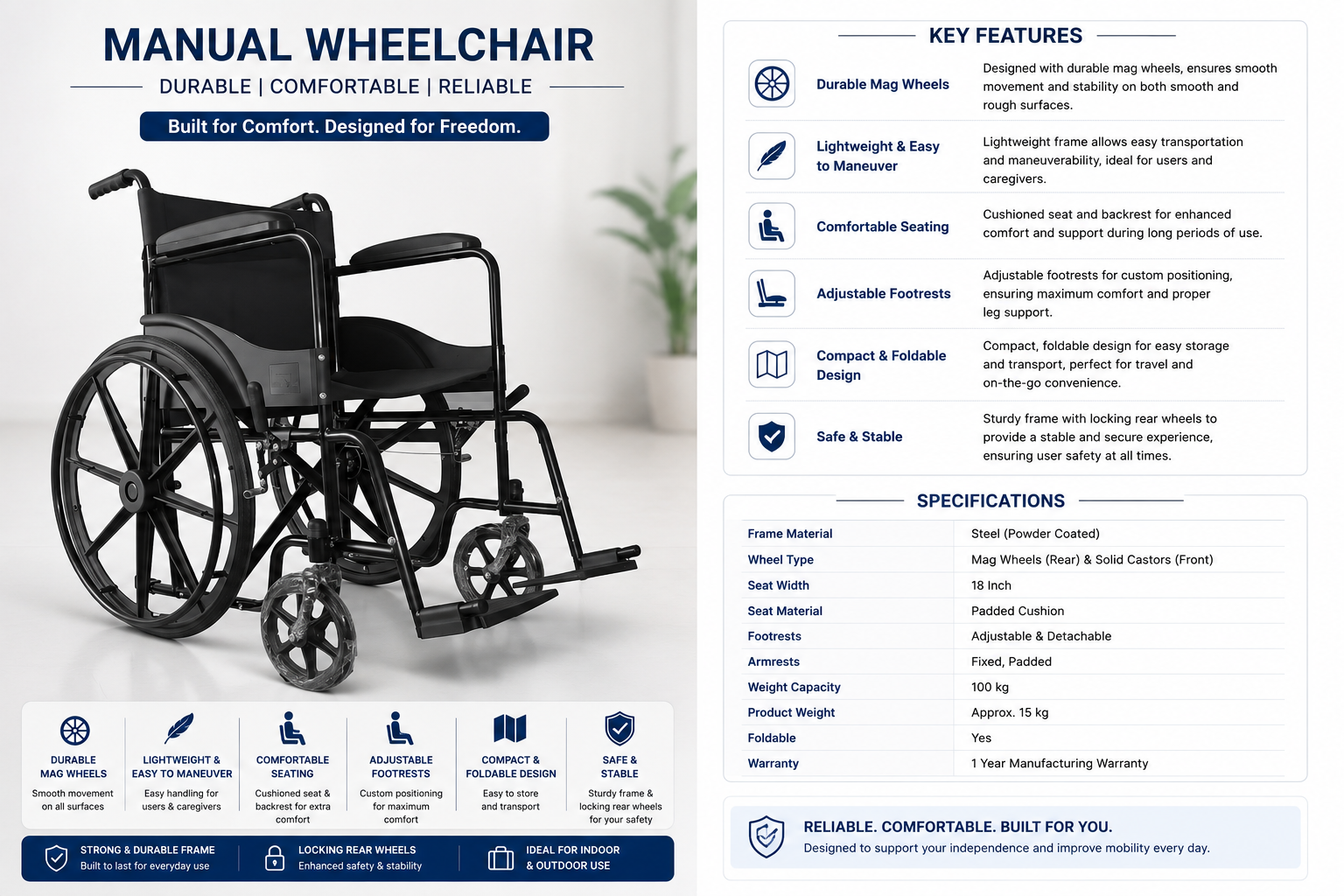 Manual Wheelchair on Rent | 18" Seat | 100 kg Capacity | Foldable with Mag Wheels