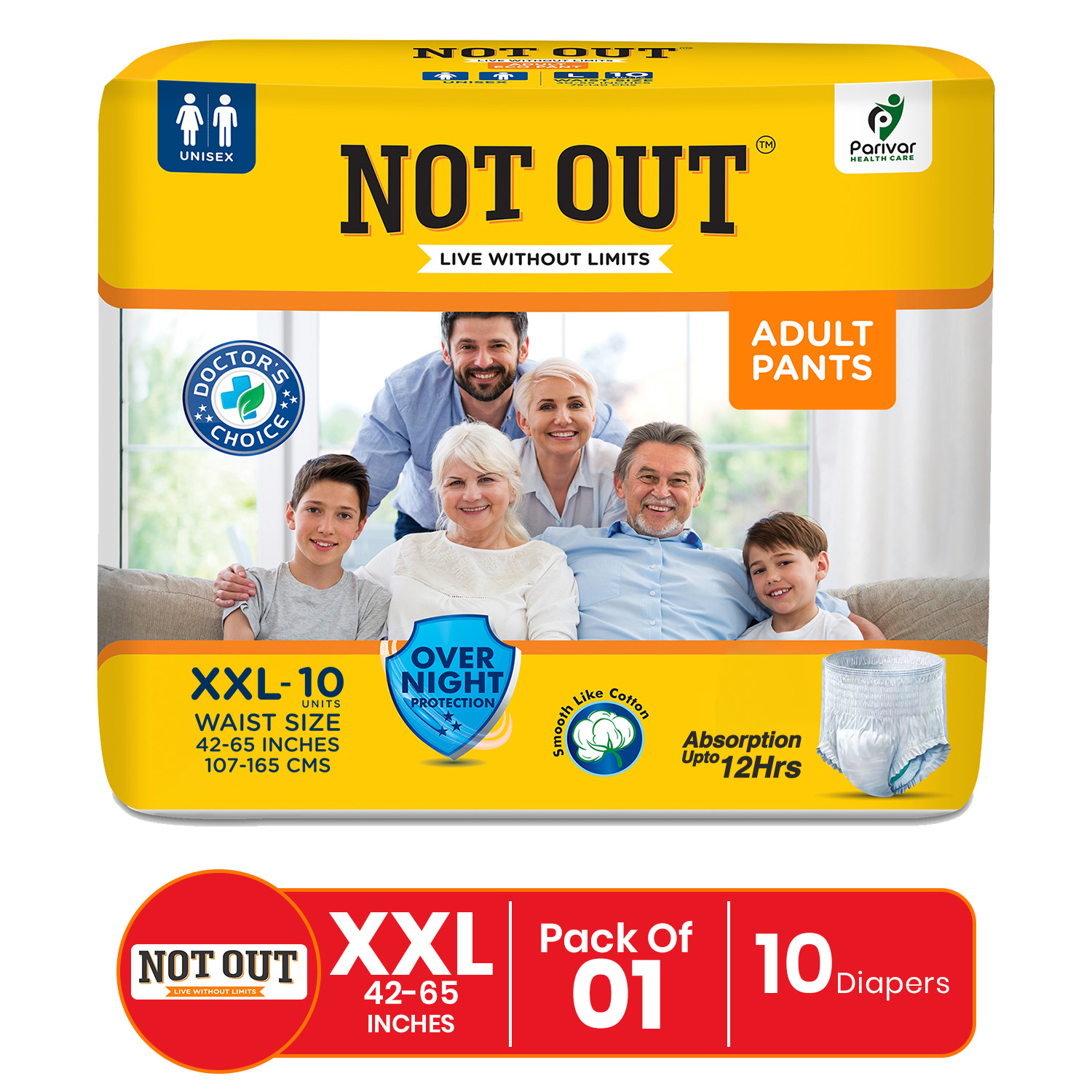 Not Out Pant Style Adult Diaper | Waist Size 42-65 Inch | 12-Hour Overnight Protection | Quick Absorption & Leakproof (XXL | 1 Pack x 10 Pcs)