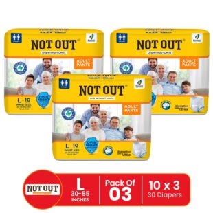 Not Out Pant Style Adult Diaper | Waist Size 30-55 Inch | 12-Hour Overnight Protection | Quick Absorption & Leakproof (L | 3 Packs x 10 Pcs)