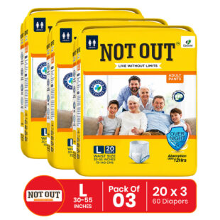 Not Out Pant Style Adult Diaper | Waist Size 30-55 Inch | 12-Hour Overnight Protection | Quick Absorption & Leakproof (L | 3 Packs x 20 Pcs)