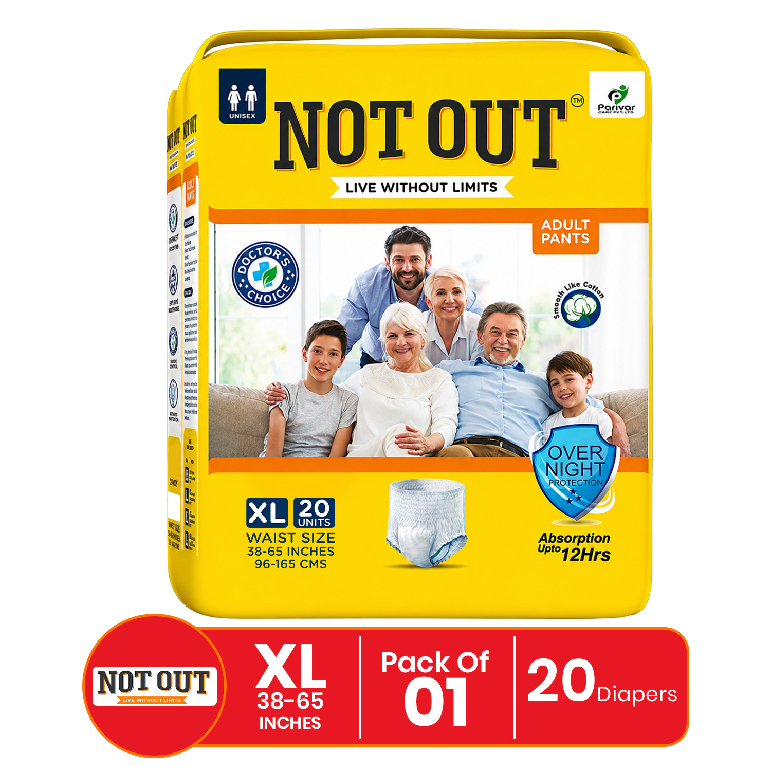 Not Out Pant Style Adult Diaper | Waist Size 38-65 Inch | 12-Hour Overnight Protection | Quick Absorption & Leakproof (XL | 1 Pack x 20 Pcs)