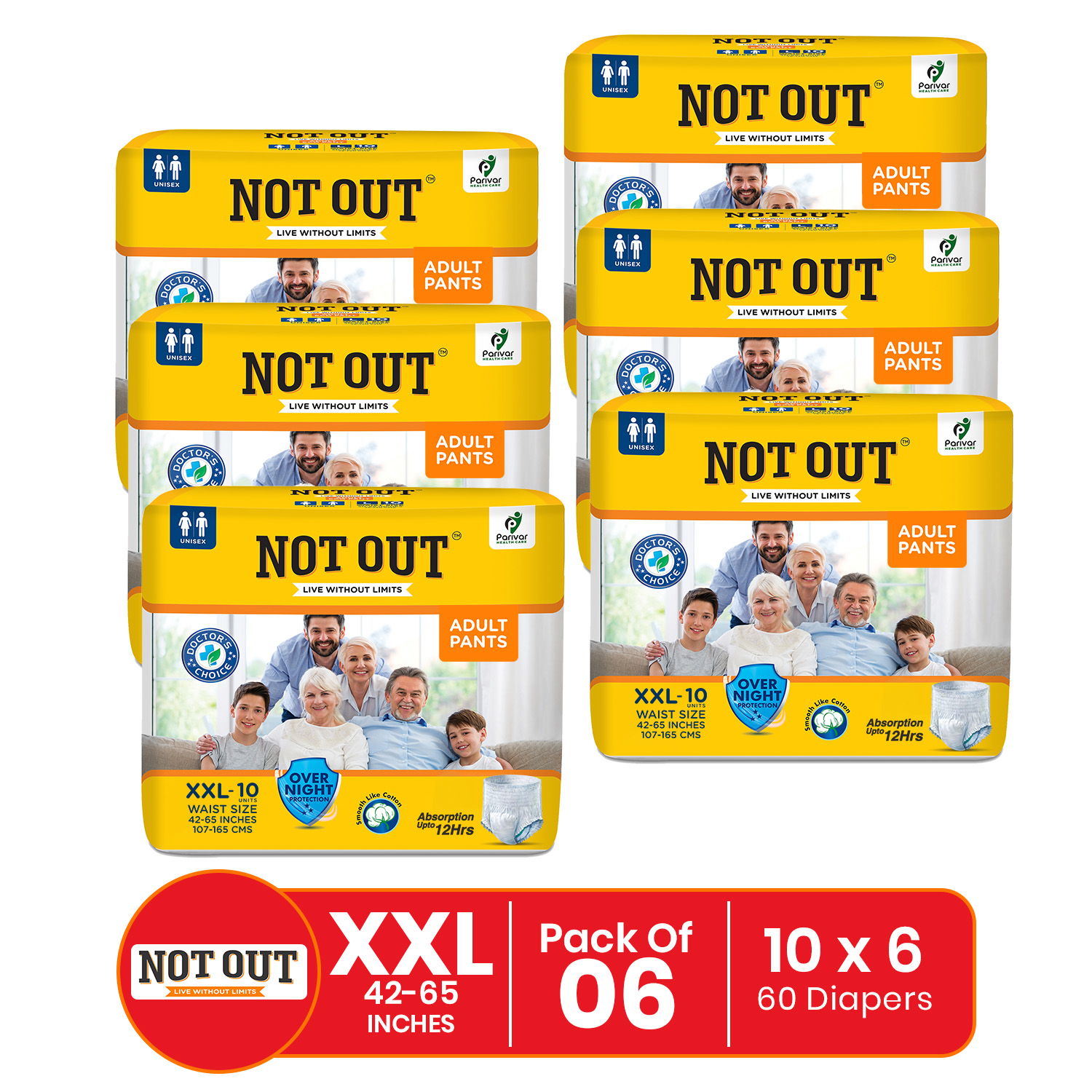 Not Out Pant Style Adult Diaper | Waist Size 42-65 Inch | 12-Hour Overnight Protection | Quick Absorption & Leakproof (XXL | 6 Packs x 10 Pcs)