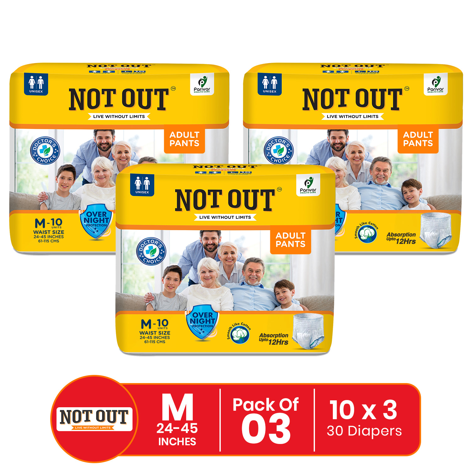Not Out Pant Style Adult Diaper | Waist Size 24-45 Inch | 12-Hour Overnight Protection | Quick Absorption & Leakproof (M | 3 Packs x 10 Pcs)