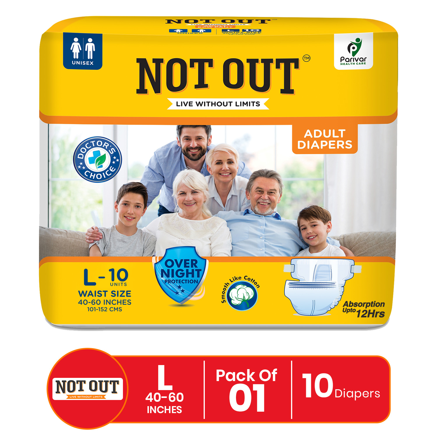 Not Out Open Tape Style Adult Diaper | Waist 40-60 Inch | 12-Hr Protection and Odour Free | Quick Absorption and Leakproof | (L | 1 Pack x 10 Pcs)