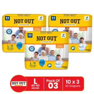 Not Out Open Tape Style Adult Diaper | Waist 40-60 Inch | 12-Hr Protection and Odour Free | Quick Absorption and Leakproof | (L | 3 Packs x 10 Pcs)