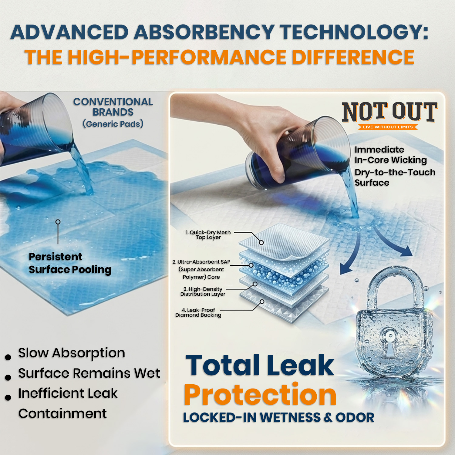 Not Out Disposable Underpads | Large 60x90 cm | 5-Layer Advanced Protection | Super Absorbent (Pack of 10 Pcs) - Image 4