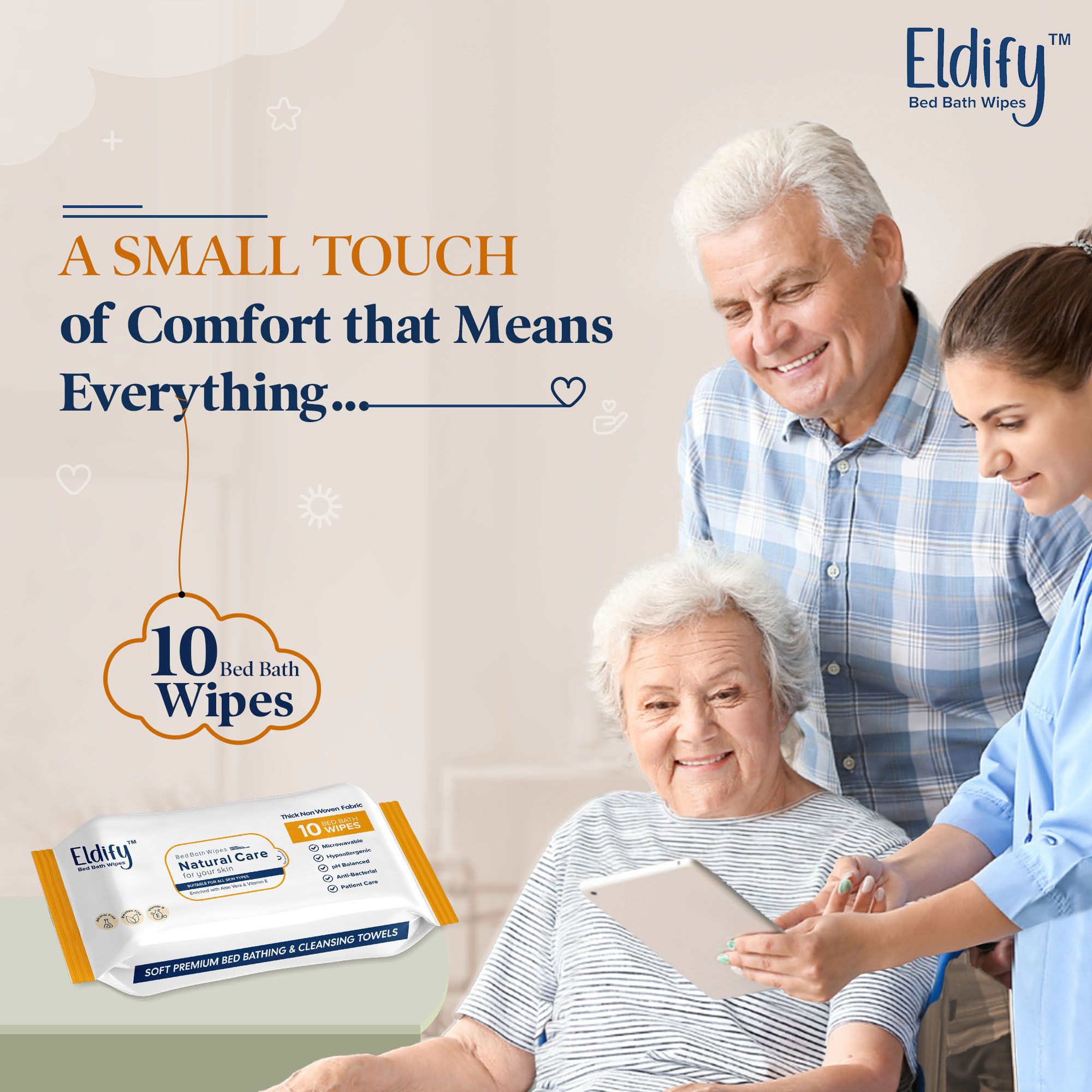 ELDIFY Body Cleansing Wet Bed Bath Wipes Soft & Gentle for Adults & Patients - 10 Wipes (Pack of 1)