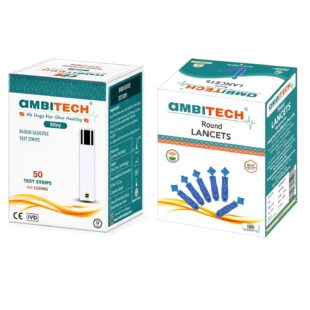 AmbiTech Blood Glucose Test Strips, Pack of 50 with 100 Lancets (No Glucometer)