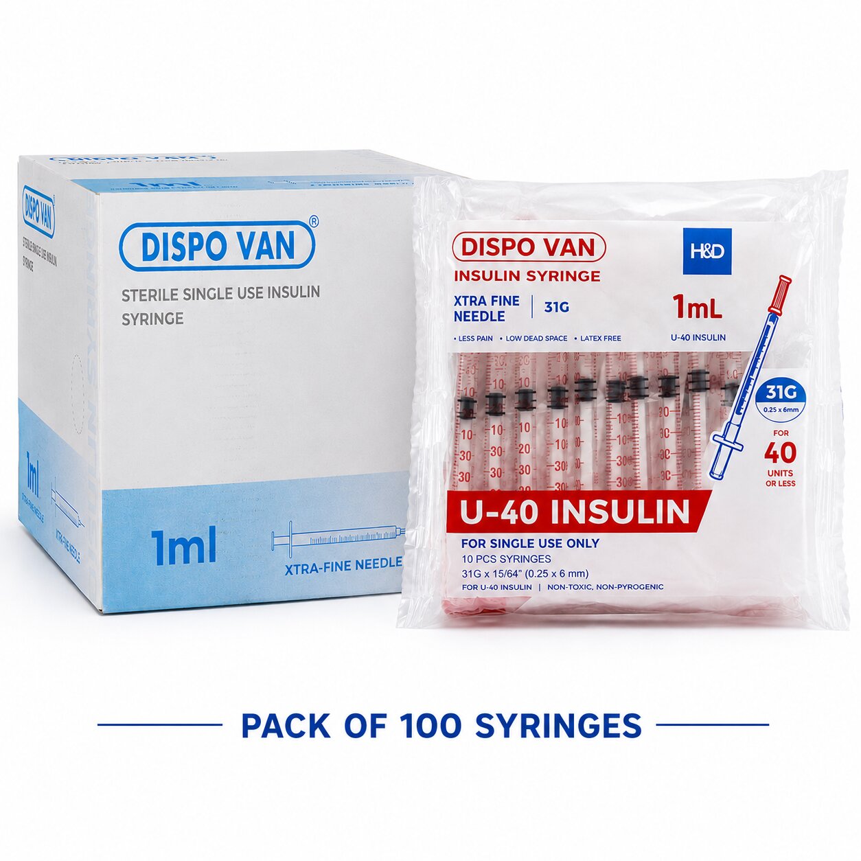 HMD Dispovan 1ml U-40 Insulin Syringe – Pack of 100 (31G x 6mm / 30G x 8mm)