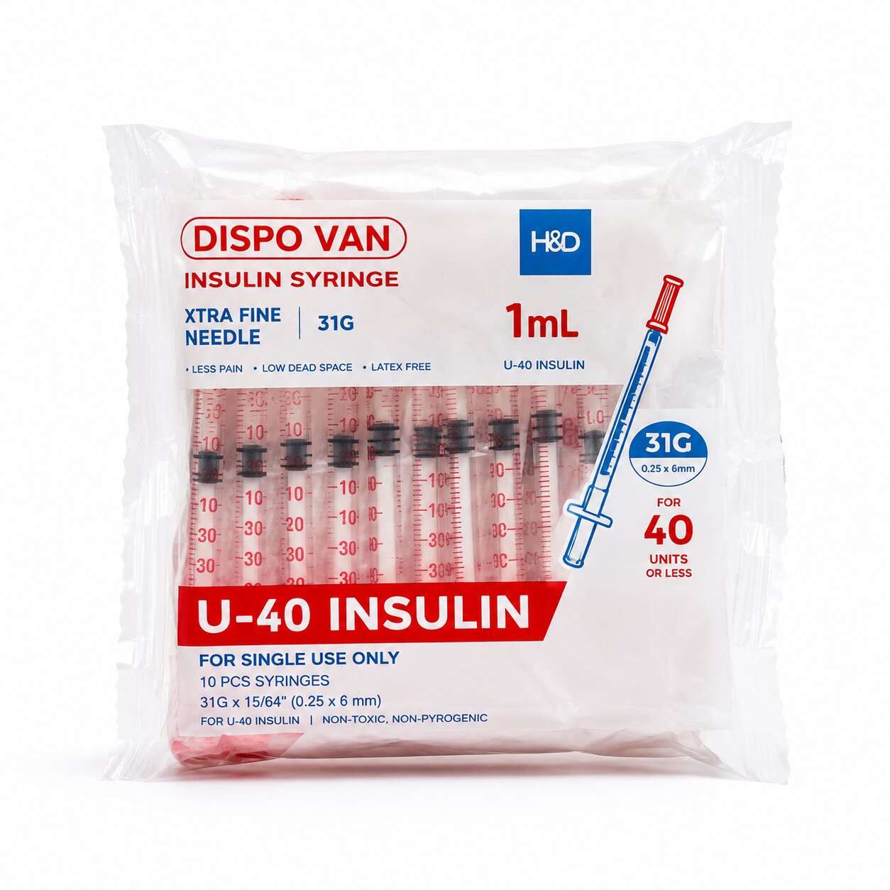 HMD Dispovan 1ml U-40 Insulin Syringe – Pack of 100 (31G x 6mm / 30G x 8mm) - Image 3