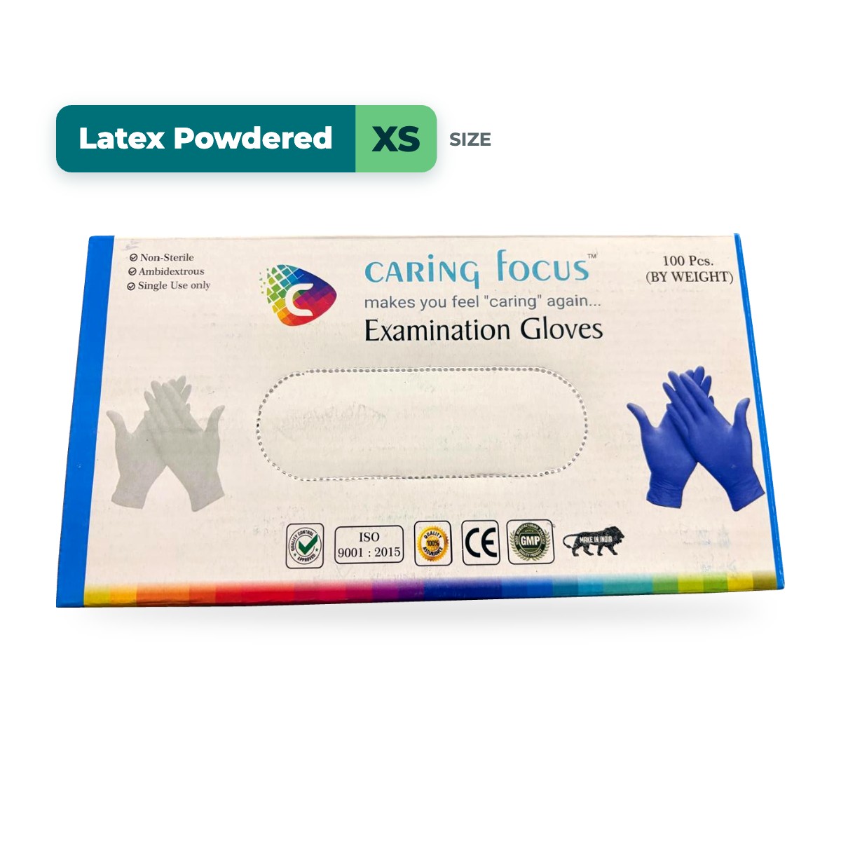 Caring Focus Latex Examination Gloves - Powdered, White (XS) - Pack of 100